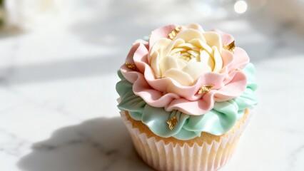 Pink and Green Floral Cupcake with Gold Accents