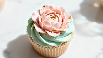 Luxurious Floral Cupcake on a White Marble Background with Soft Bokeh Lights