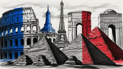 Exploring Iconic Global Landmarks: A graphic montage showcases celebrated architectural marvels. Iconic monuments and symbols, offering a visual journey through architectural history.