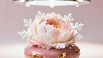 Close-up of a Luxury Vanilla Cupcake with Pink Glaze and White Fondant Winter Flower Decoration