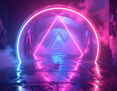 Neon tunnel with glowing geometric shapes, futuristic aesthetic - Powered by Adobe