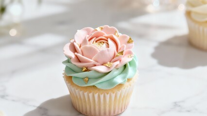 Elegant Vanilla Cupcake Decorated with Pink and Mint Green Buttercream Flower and Gold Leaf Flakes
