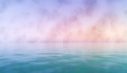 A serene seascape with gentle waves under a pastel-colored sky filled with soft, ethereal mist.