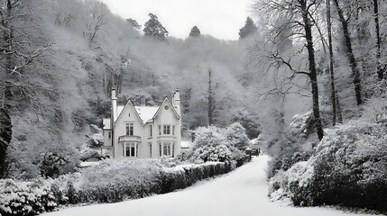 A snowy scene of a house surrounded by trees and a snow-covered path