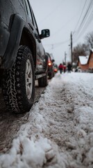 A snowy street scene focuses on a vehicle's tire and a slush-covered lane, with blurred figures