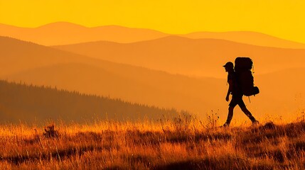 A solo hiker silhouetted against a golden sunset walks across an elevated meadow with layered mountain ranges