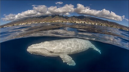 A split-view underwater shot, featuring a white whale, sea, mountains, town and sky