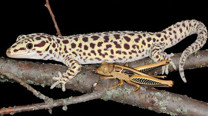 A spotted gecko next to an insect resting on a tree branch, dark background