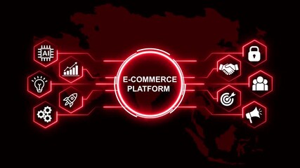 E-commerce Platform Strategy Icons Connected. Business, Technology, Internet and network concept. Business icons on digital world map background.