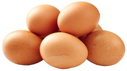 A stack of fresh brown eggs. Six whole eggs are piled on top of each other