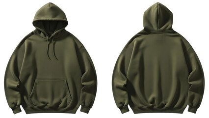Front and back view of an oversized olive green hoodie sweatshirt with a hood and kangaroo pocket, isolated on transparent background