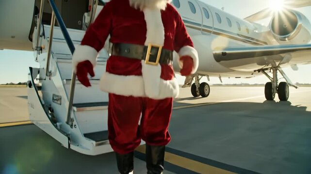 Santa Claus Steps off Private Jet - This video features Santa Claus descending the stairs of a private jet, dressed in his traditional red suit with white fur trim and black boots.