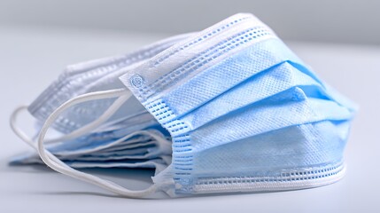 A stack of medical face masks, close-up, soft focus, and neutral background