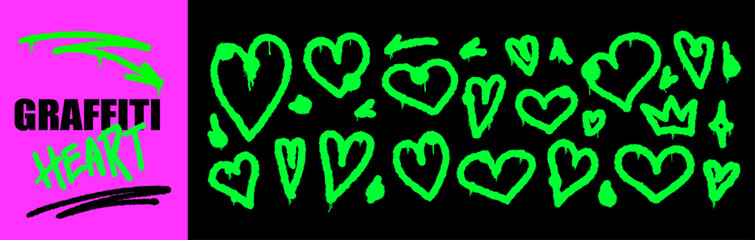 Playful heart graffiti doodles layered with free paint strokes and grafitti splatter, capturing love attitude with repeated heart motifs and heavy grafitti paint textures.
