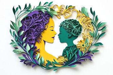 Vibrant paper cutout artwork depicts a nurturing maternal figure embracing a young child surrounded by lush botanical elements