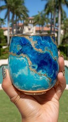 A stemless glass painted with shades of blue and gold is held by a hand outdoors