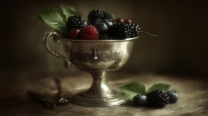 A still life of a metallic cup overflowing with assorted berries and green leaves