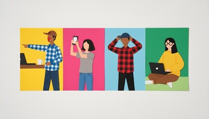 Paper Cutout Diverse People Using Tech, Art of Students with Laptops and Phones, Digital Nomad Lifestyle Paper Craft Collage