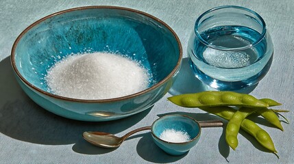 A still life of ingredients salt, water, and green pods sit in bowls on a tabletop