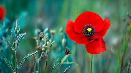 A vibrant red poppy flower, with yellow center, set against soft-focus green foliage