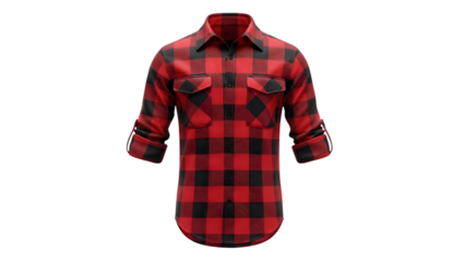 Red and black buffalo plaid flannel shirt with rolled up sleeves isolated on transparent background