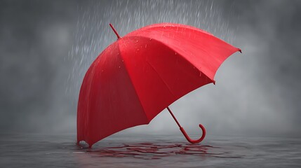 A vibrant red umbrella stands open in the rain, set against a dark, moody background