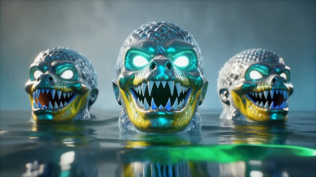 Three menacing reptilian monster heads with glowing blue eyes emerging from dark water, a scary fantasy creature concept