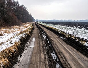 Muddy country road curving through winter fields and leafless trees