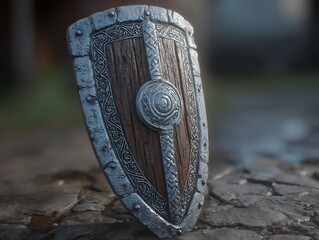 A weathered, close-up shot of a medieval shield resting on a textured, stone surface