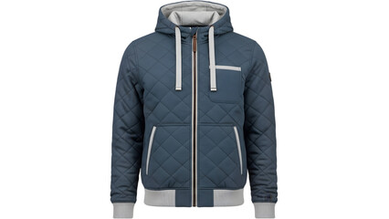 Quilted blue hooded bomber jacket with light gray accents and zipper closure, isolated on transparent background