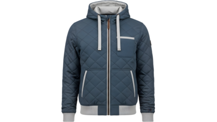 Quilted blue hooded bomber jacket with light gray accents and zipper closure, isolated on transparent background