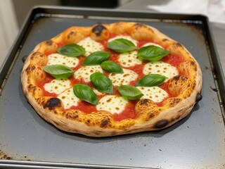 Neapolitan pizza margherita with basil and mozzarella on a baking sheet
