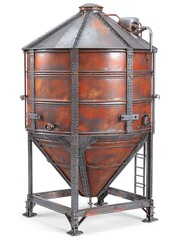 A weathered industrial silo with rust, rivets, and a cone-shaped top on a white backdrop