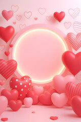 Pink background with circular element in center surrounded by 3D hearts