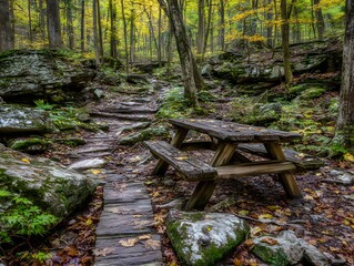 A weathered picnic table and path, surrounded by autumn foliage and stones in a serene forest scene
