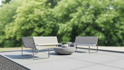 Obraz premium Outdoor seating area with contemporary furniture and green foliage background