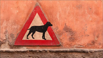 A weathered street sign warns of dogs, mounted on a textured, faded orange wall