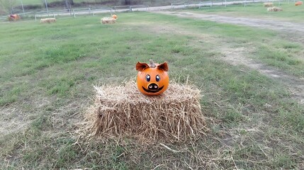 A whimsical, carved pumpkin with pig features sits atop a hay bale in a grassy field