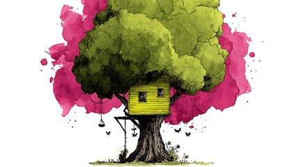 A whimsical illustration of a treehouse against a colorful watercolor-like splash background