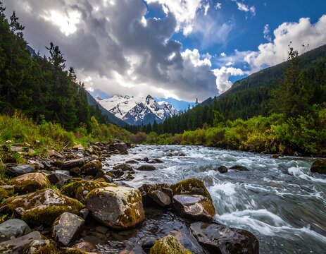 A scenic river flowing through a lush green valley with snow-capped mountains - Powered by Adobe