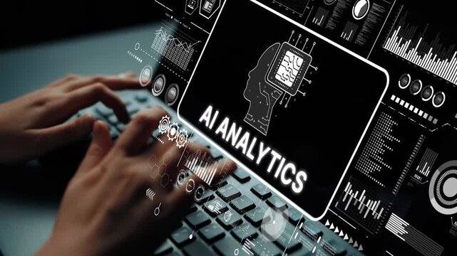Hands Typing on Keyboard with AI Analytics Dashboard Displaying Data Visualization and Technology Interface. Asymptotic smart data analytic.