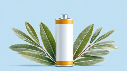 A white battery with orange accents, flanked by vibrant green leaves, against a pastel blue backdrop