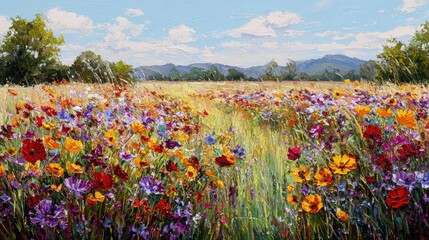 Colorful Flower Field Landscape Painting