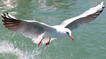 A white bird with black-tipped wings takes flight above water, creating a splash