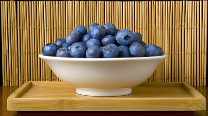 A white bowl overflowing with ripe blueberries, presented on a wooden tray, against a bamboo backdrop