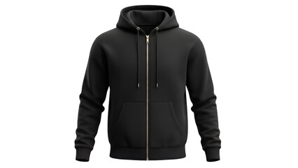 Black zipup hoodie sweatshirt mockup for clothing design presentation isolated on transparent background