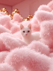 A white cat with pink eyes peers from a bed of pink fluffy material. Spheres in the background