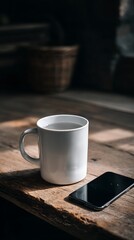 A white mug and a smartphone rest on a weathered wooden surface, bathed in sunlight
