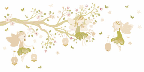 Delicate illustration of whimsical fairies resting among blossoming branches and fluttering butterflies