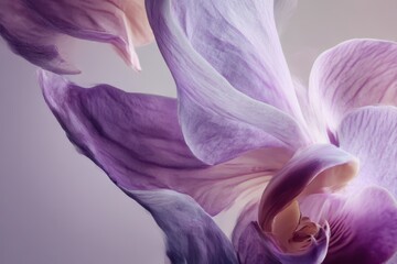 Soft macro close-up of flowing purple flower petals with delicate translucent textures and gentle pastel lighting